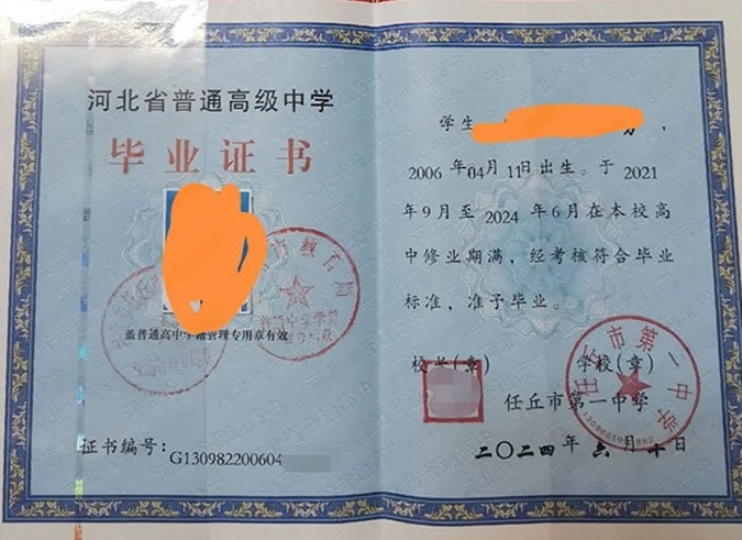 九龙坡任丘市第一中学高中毕业证样本图片